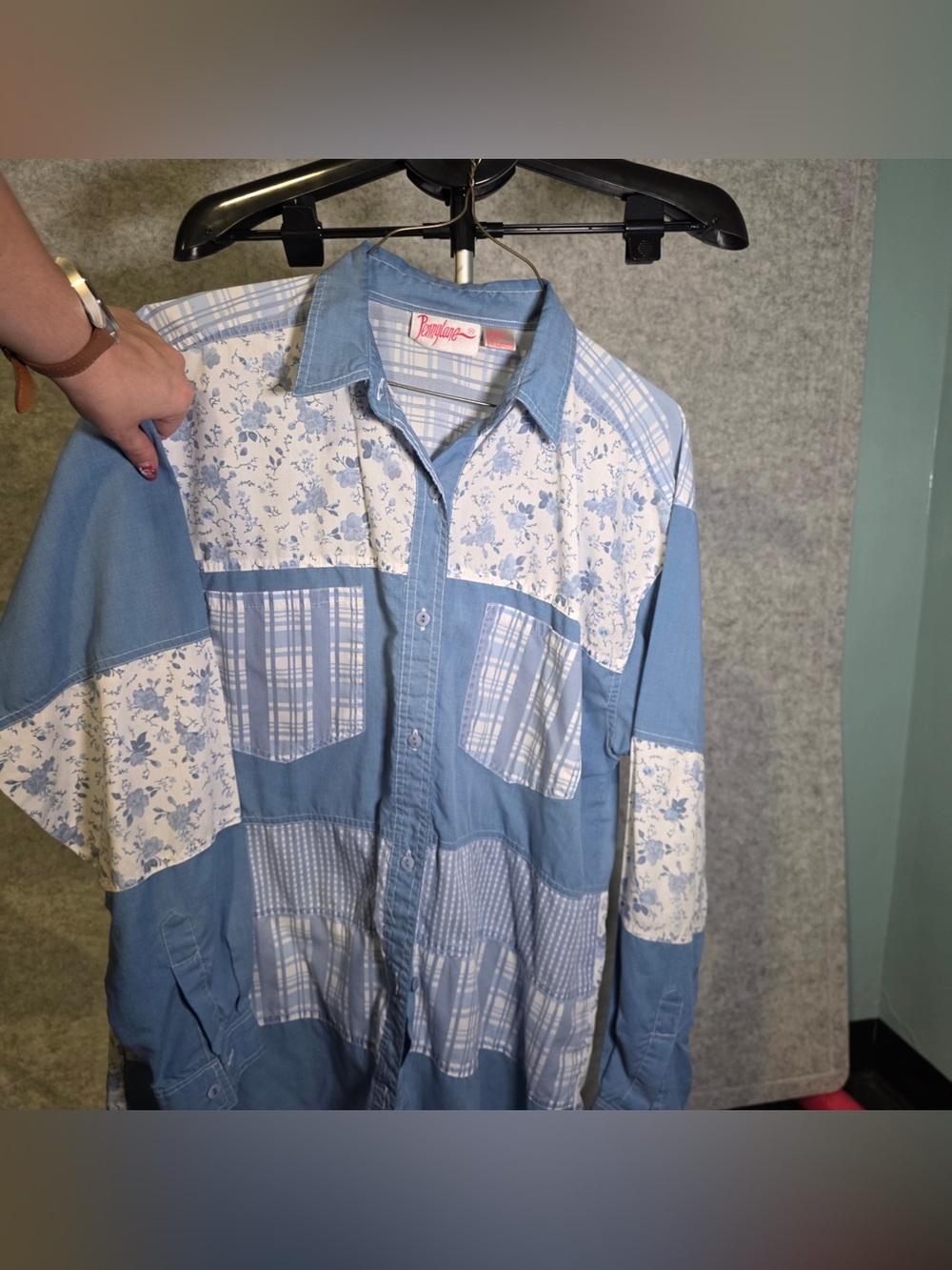 Pennylane Patchwork Light Blue Button-Down Shirt Size Large